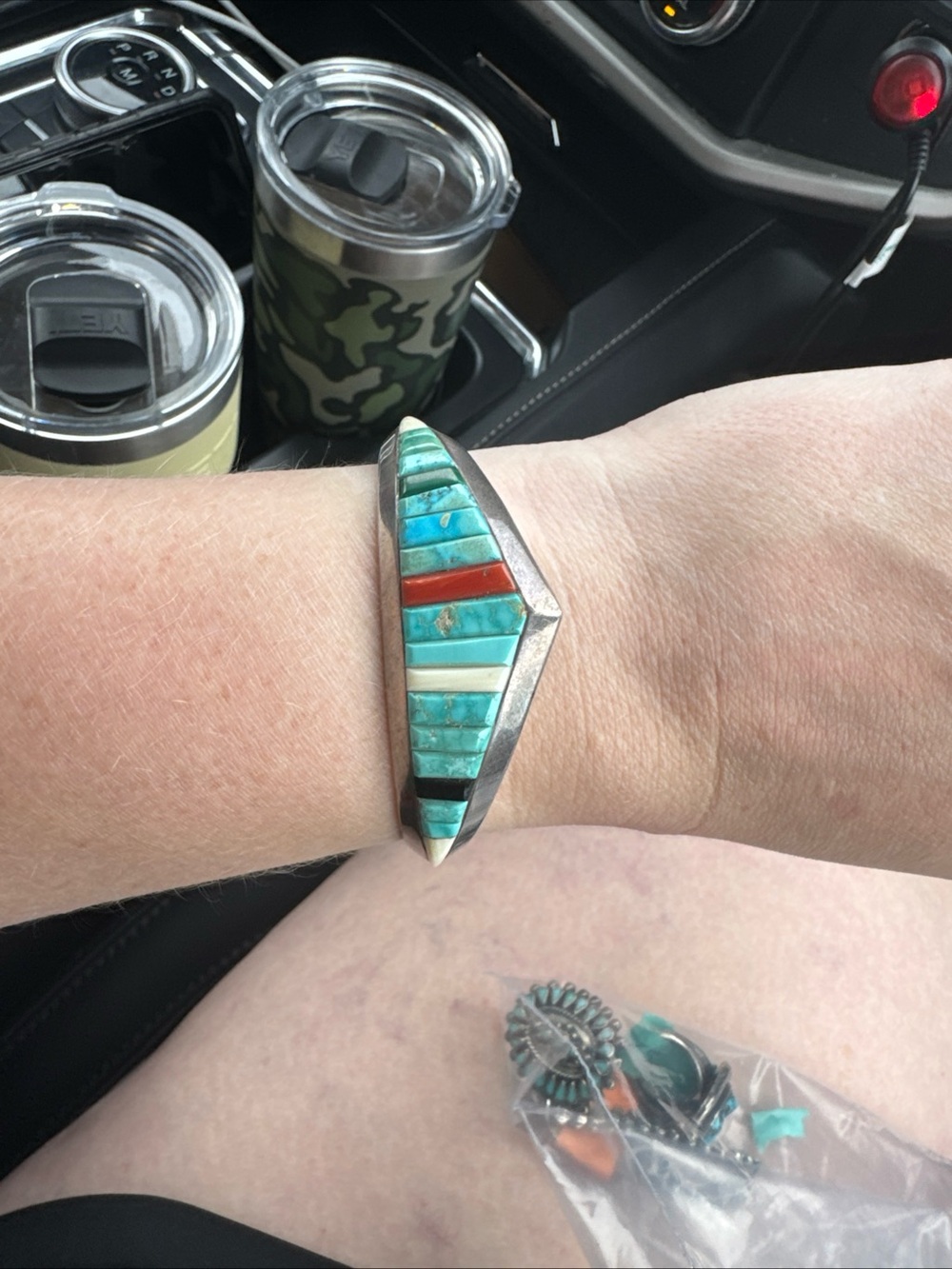 Sterling Silver Inlaid Turquoise & Coral Cuff Bracelet